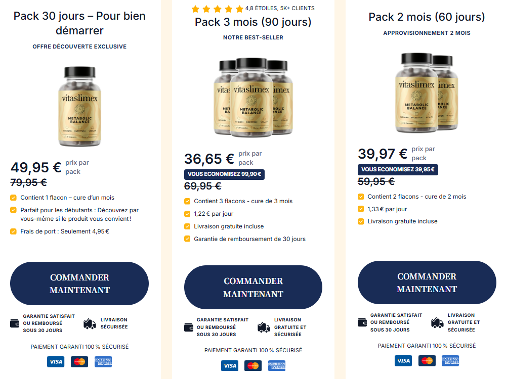 Tarifs officiels Vitaslimex sur la page de commande
